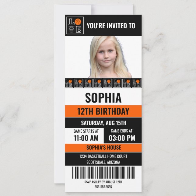 Convites Basketball Birthday Girl, Basketball player (Frente)