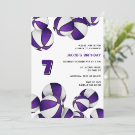 Convites basquete branco roxo bolas crianças aniversário de