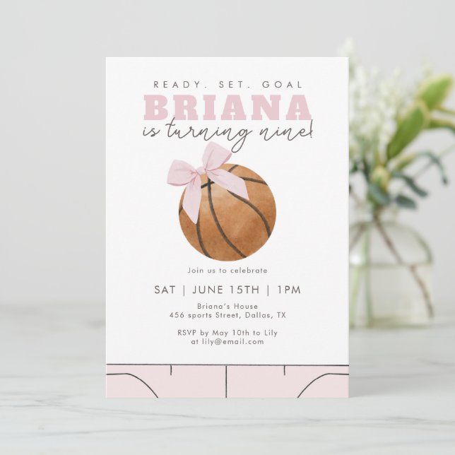 Convites Basquete com Laço Rosa Aniversário de Meninas Espo (Em pé/Frente)