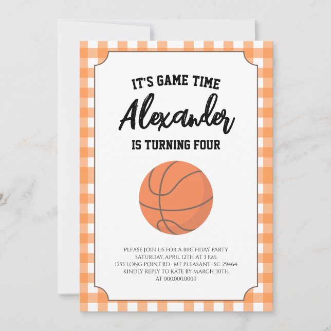 Convites Basquete de Gingham de Aniversário (Frente)