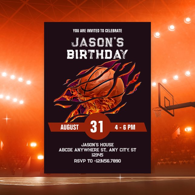 Convites Basquete moderno fogo aniversário  (Criador carregado)