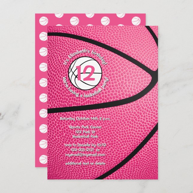 Convites basquetebol feminino rosa (Frente/Verso)