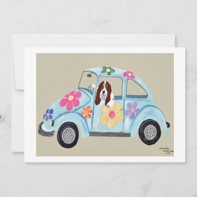 Convites Basset Hound em carro hippie (Frente)