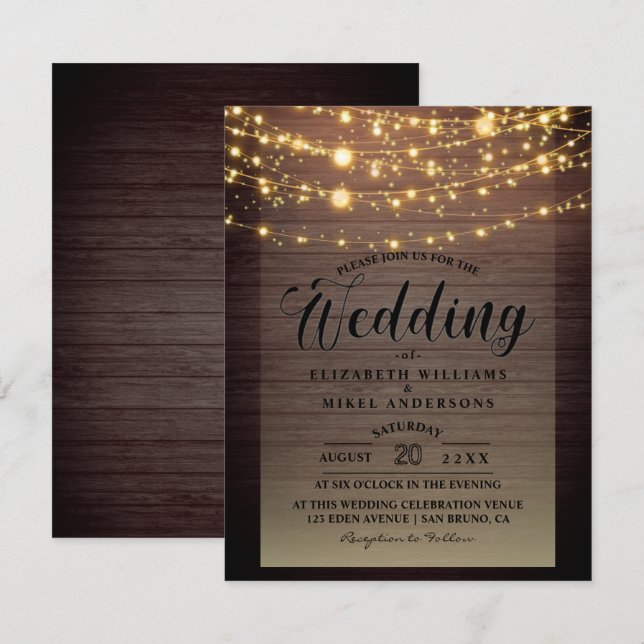 Convites Basta Rustic Wood Dark Lights Casamento (Frente/Verso)