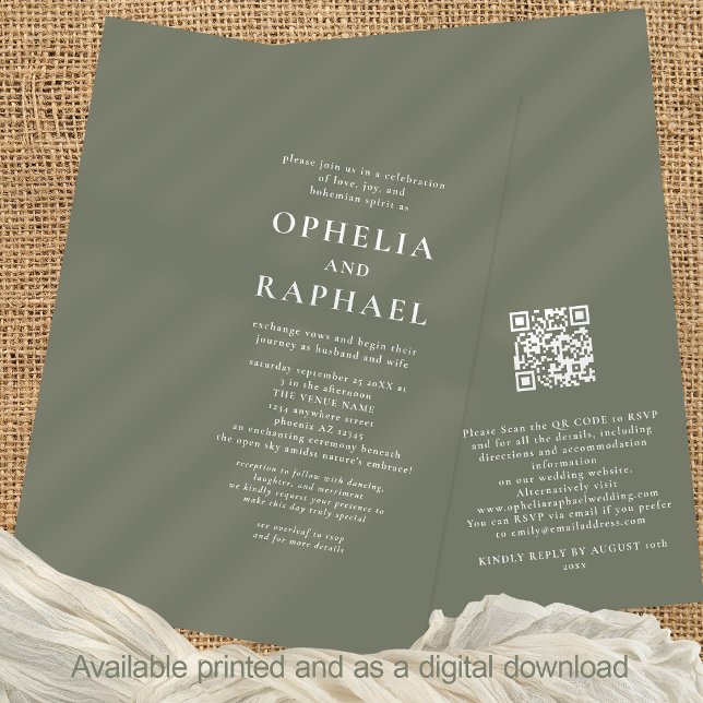 Convites Basta Texto Sage Green QR Code Bohemian Wedding (Front and back view)