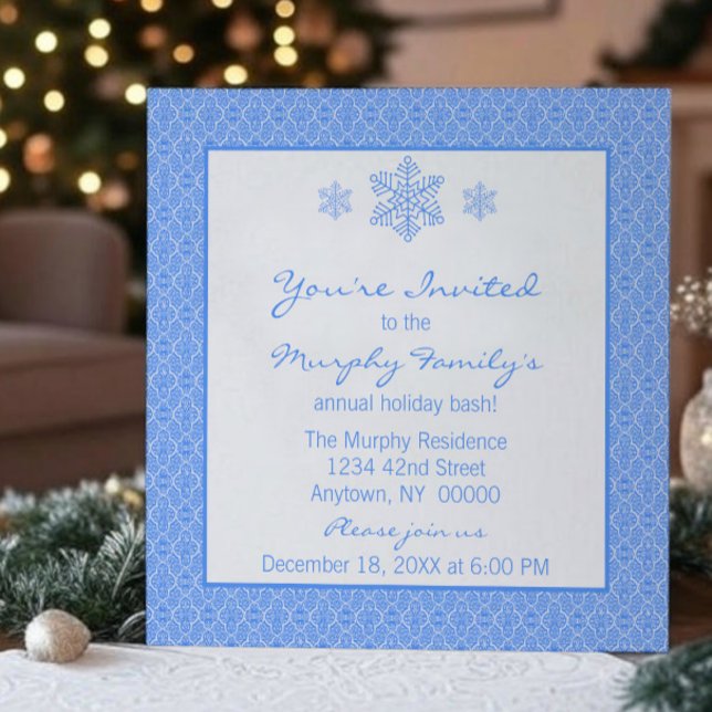 Convites Bastante clássico Damask Snowflakes Natal | Azul (Blue Simply Classic Damask Snowflakes Christmas Party Invitation)