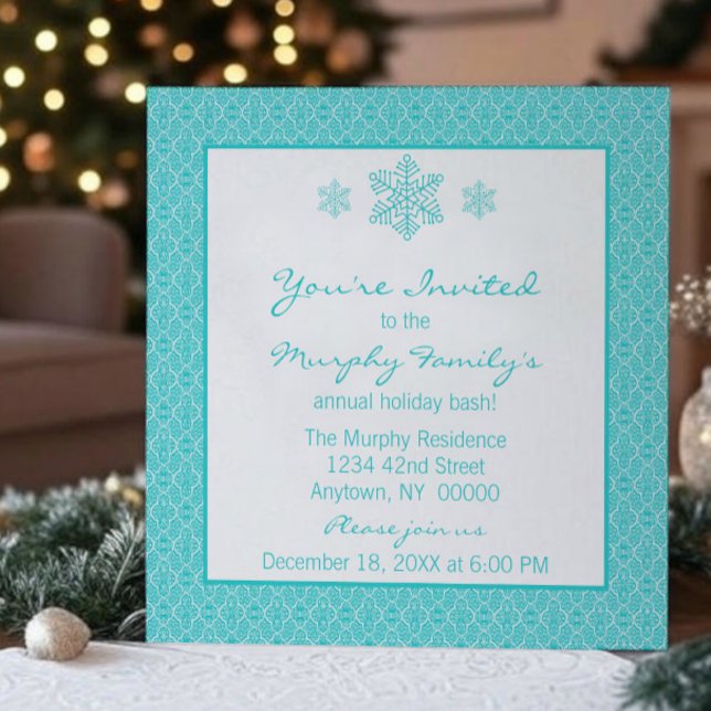 Convites Bastante clássico Damask Snowflakes Natal | Cercet (Teal Simply Classic Damask Snowflakes Christmas Party Invitation)