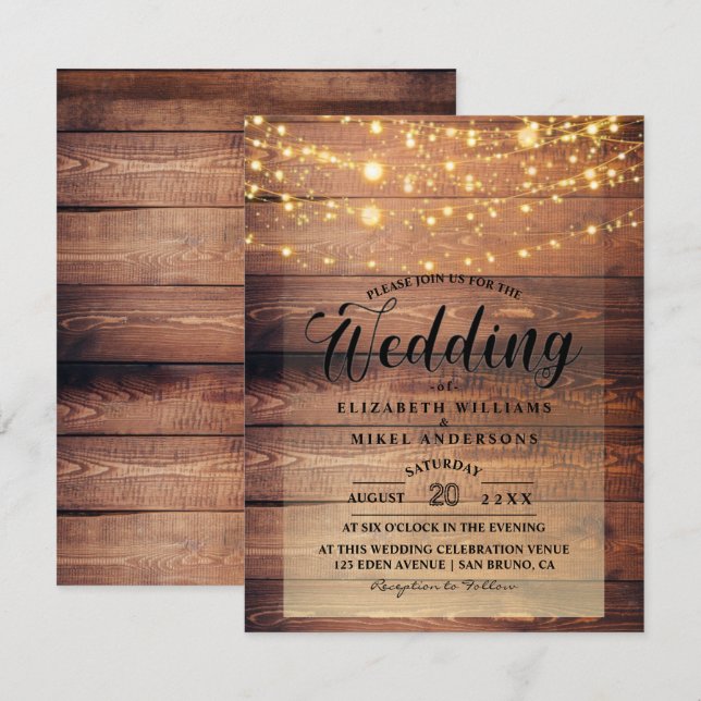 Convites Bastante Rustic Natural Wood Lights Casamento (Frente/Verso)