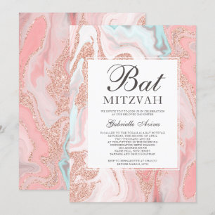 Convites Bastão de mármore cor-de-rosa coral Mitzvah do