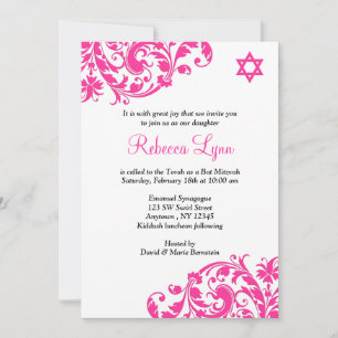 Convites Bastão elegante Mitzvah do Flourish do rosa quent