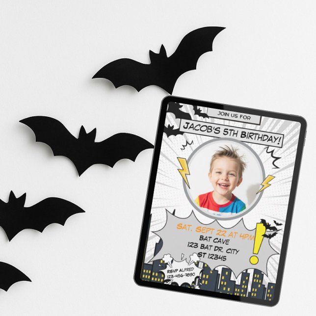 Convites Bat Black and Cinza Comic Birthday (Criador carregado)