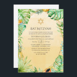Convites Bat Geométrico Exótico Mitzvah<br><div class="desc">Convite de morcego de verão,  com abundância de verde tropical,  flores de estrelitzia,  pássaro tucano,  abacaxi,  sorvete e estrutura geométrica dourada.</div>