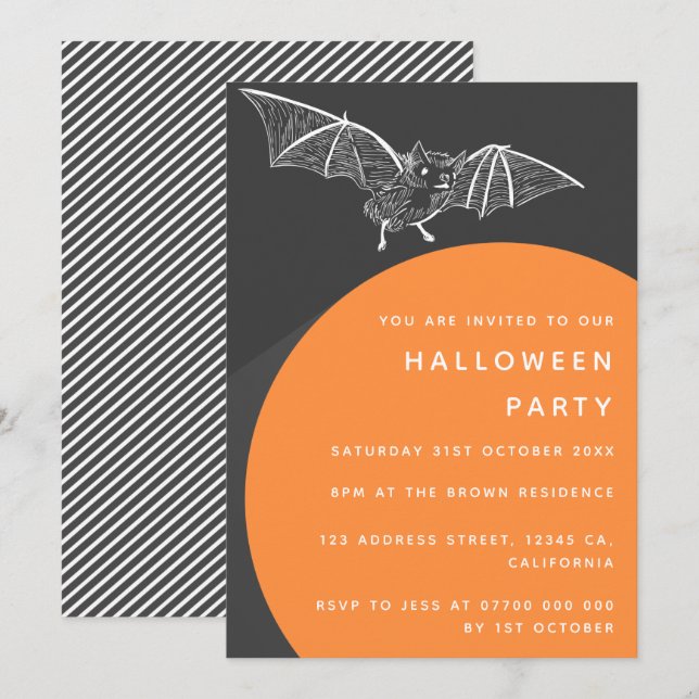 Convites Bat Halloween Party | Na moda de Laranja Negro Mod (Frente/Verso)