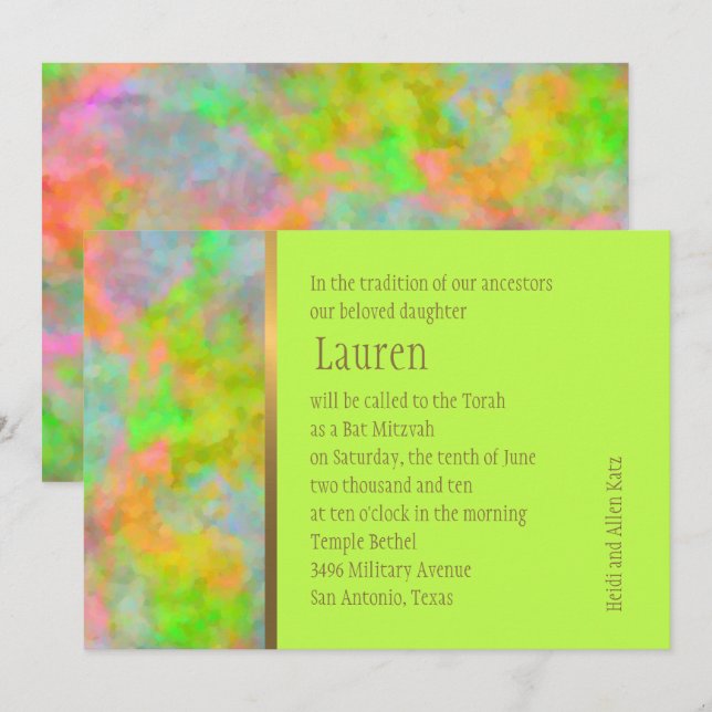 Convites Bat Mitzvah Abstract Design no Verde limão (Frente/Verso)