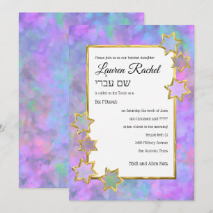 Convites Bat Mitzvah Abstrato Estrela Dourada Azul Rosa Púr