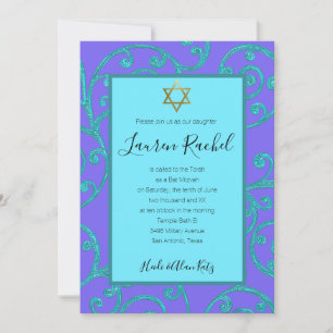 Convites Bat Mitzvah Any Color Aqua Scrol Design