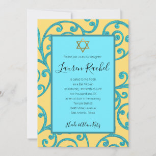 Convites Bat Mitzvah Any Color Aqua Scrol Design