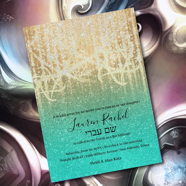 Convites Bat Mitzvah Aqua Dourada Extra Sparkly (Criador carregado)