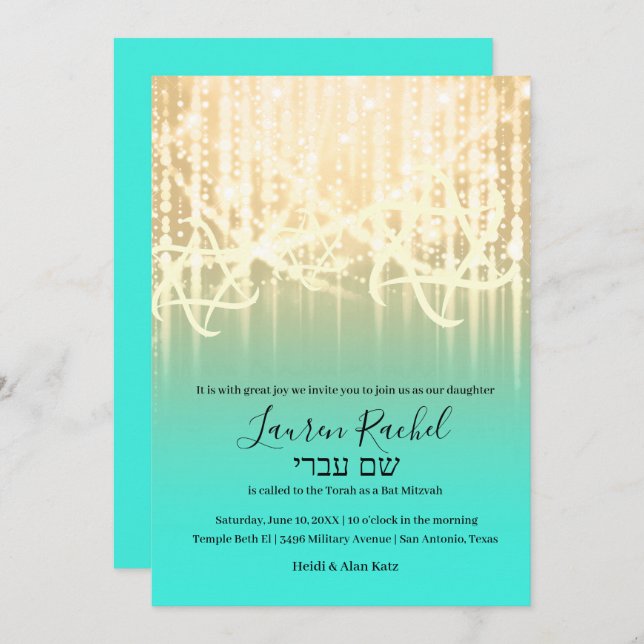 Convites Bat Mitzvah Aqua Douradas Luzes Esparsas (Frente/Verso)