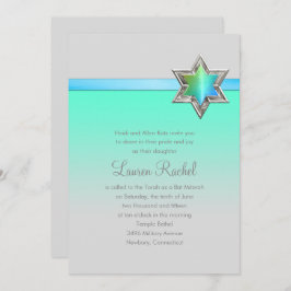 Convites Bat Mitzvah Aqua Green Ombre Ribbon e Star