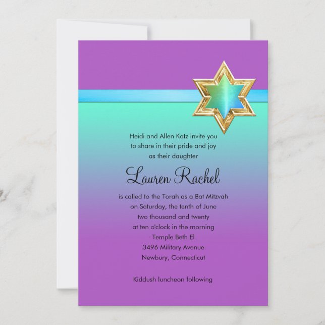 Convites Bat Mitzvah Aqua Green Ombre Ribbon e Star (Frente)