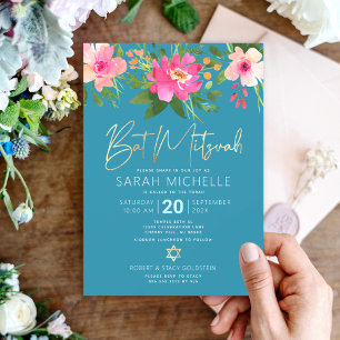 Convites Bat Mitzvah Aquarela Azul Floral Dourado Script