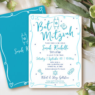 Convites Bat Mitzvah Azul Diversão Mão Desenhada Doodle Nom