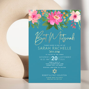 Convites Bat Mitzvah Azul Dourado Roteiro Floral Aquarela