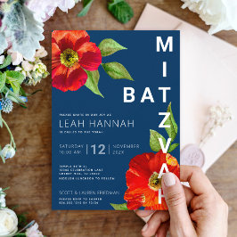 Convites Bat Mitzvah Azul Marinho Floral Vermelho Moderno A