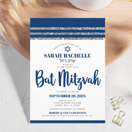 Convites Bat Mitzvah Azul Marinho Tallit Simples Moderno Al