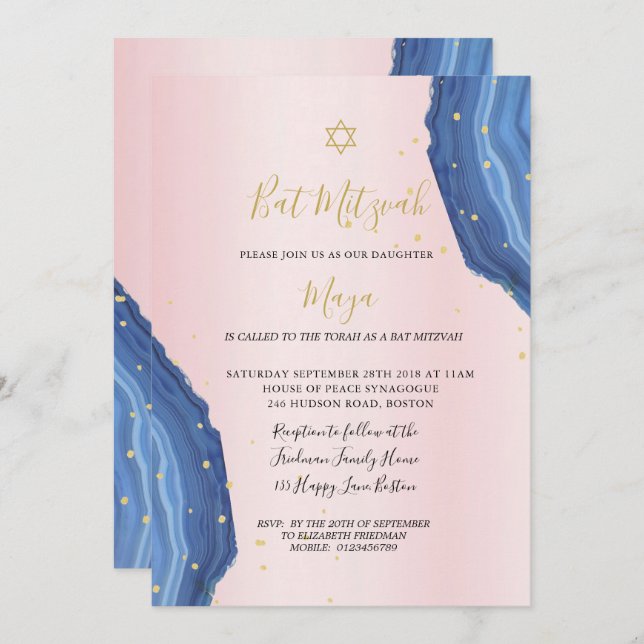 Convites Bat Mitzvah Azul Rosa Dourado Judeu (Frente/Verso)