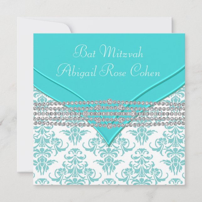 Convites Bat Mitzvah Azul Teal em Damask (Frente)