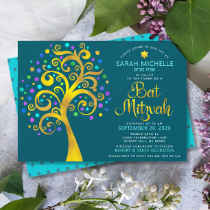 Convites Bat Mitzvah Azul Teal Folha de Ouro Script Árvore