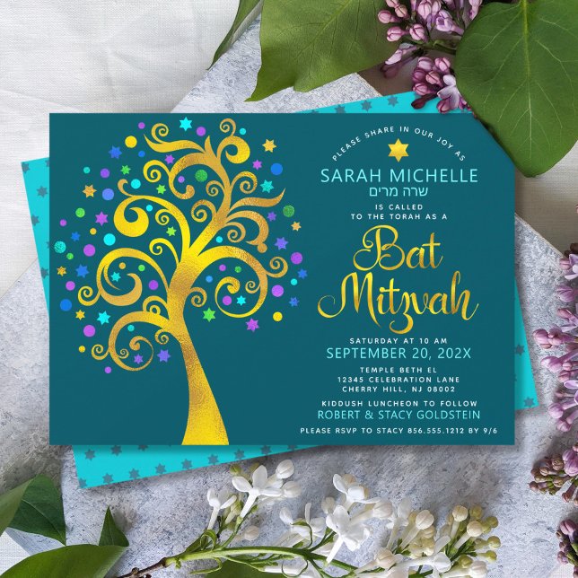 Convites Bat Mitzvah Azul Teal Folha de Ouro Script Árvore  (Criador carregado)