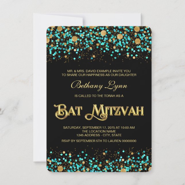 Convites Bat Mitzvah Azul Turquesa e Dourado (Frente)