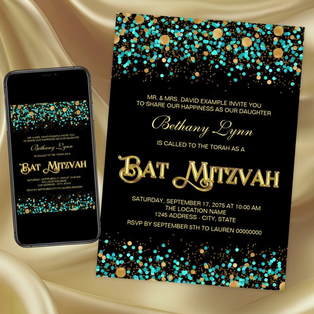 Convites Bat Mitzvah Azul Turquesa e Dourado (Teal blue and gold Bat Mitzvah invitation. Digital download and printed invitations available.)