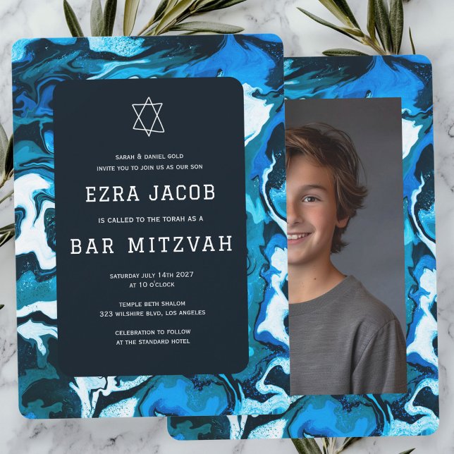 Convites Bat Mitzvah, Bar de Fotografia Personalizada da Pi (Blue Marble Paint Custom Photo Bar Bat Mitzvah Invitation
)