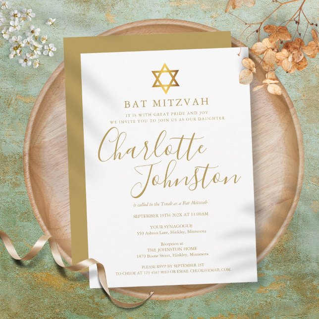 Convites Bat Mitzvah, Bar Mitzvah Moderno Rascunho Dourado (Bat Mitzvah, Bar Mitzvah Modern Gold Script Invitation)