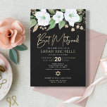 Convites Bat Mitzvah Black Dourado Floral Watercolor Script<br><div class="desc">Tenha orgulho, alegria e mostre este marco do seu Bat Mitzvah favorito com este sofisticado e personalizado convite! Uma aquarela floral chica, atordoante, branca e dourada com falso guião de folha de ouro e serifa branca sobrepõe-se a um fundo preto dramático. Flores aquarelas adicionais e uma Estrela dourada de David...</div>