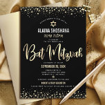 Convites Bat Mitzvah Black Gold Foil Glitter Script Moderno<br><div class="desc">Tenha orgulho, alegria e mostre este marco do seu Bat Mitzvah favorito! Envie este convite personalizado, sofisticado, sofisticado e atormentado para um evento para lembrar. Escrita gráfica de caligrafia de folha de ouro, Estrela de David, e confetti, sobrepõem um fundo preto, rico e dramático. Uma estrela dourada falsa de David...</div>