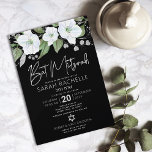 Convites Bat Mitzvah Black Silver Script Floral Watercolor<br><div class="desc">Tenha orgulho, alegria e mostre este marco do seu Bat Mitzvah favorito com este sofisticado e personalizado convite! Uma aquarela floral brilhante, branca e falso prateada com falso grafismo de folha prateada e serif branca sobrepõe-se a um fundo preto dramático. Flores aquarelas adicionais e uma Estrela prateada de David cobrem...</div>