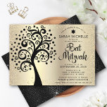 Convites Bat Mitzvah Black Tree of Life Script Gold Foil<br><div class="desc">Tenha orgulho, alegria e mostre este marco do seu Bat Mitzvah favorito! Esta árvore preta gráfica com Estrela de David e "folhas" de ponto, juntamente com um roteiro de caligrafia negra, tudo sobre pontos falsos, sofisticados, dourados e fundo ombre de folha de alumínio, é o convite perfeito para esta ocasião...</div>