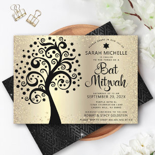 Convites Bat Mitzvah Black Tree of Life Script Gold Foil