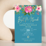Convites Bat Mitzvah Blue Dourada Script Floral Watercolor<br><div class="desc">Tenha orgulho, alegria e mostre este marco do seu Bat Mitzvah favorito com este sofisticado e personalizado convite! Uma aquarela floral chica, atordoante, rosa e pêssego com uma tipografia falsa de folha de ouro e uma serifa branca moderna sobrepõem-se a um fundo azul-azul-azul-turquesa empoeirado. Personalize o texto personalizado com o...</div>