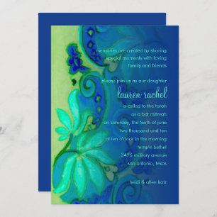 Convites Bat Mitzvah Blue e Aqua Floral