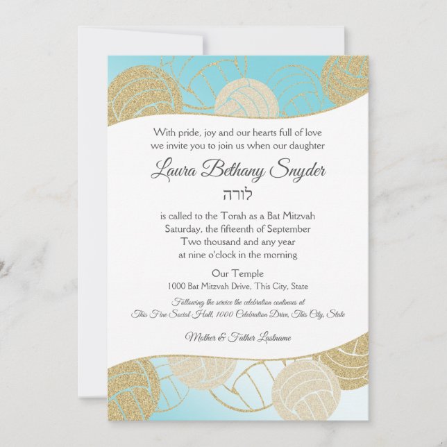 Convites Bat Mitzvah Blue e Dourado do Esporte de Voleibol (Frente)