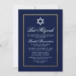 Convites Bat Mitzvah Blue e White Strips Dourados