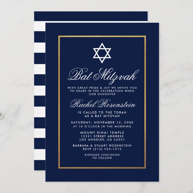 Convites Bat Mitzvah Blue e White Strips Dourados (Frente/Verso)