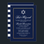 Convites Bat Mitzvah Blue e White Strips Dourados<br><div class="desc">Bat Mitzvah Blue e Dourado Cartão de Convite - Riscado</div>