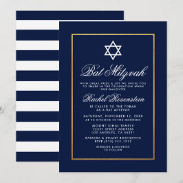 Convites Bat Mitzvah Blue e White Strips Dourados